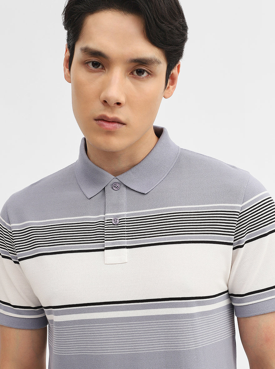 Light Grey Striped Slim Fit Polo T-Shirt | JadeBlue