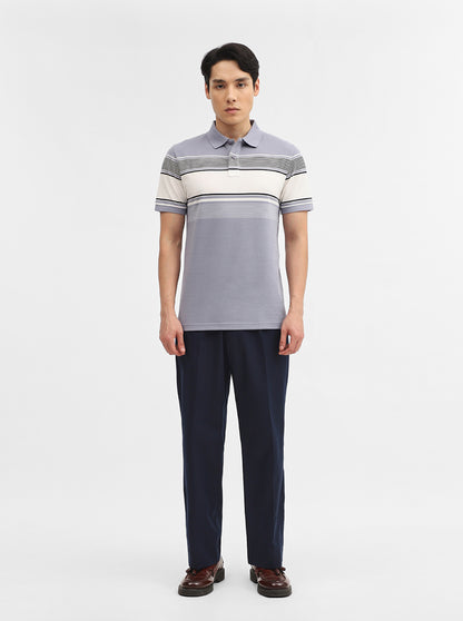 Light Grey Striped Slim Fit Polo T-Shirt | JadeBlue