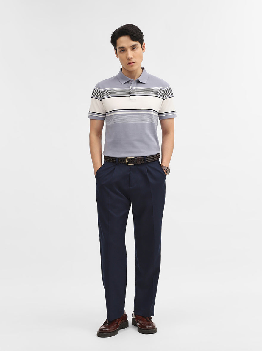 Light Grey Striped Slim Fit Polo T-Shirt | JadeBlue