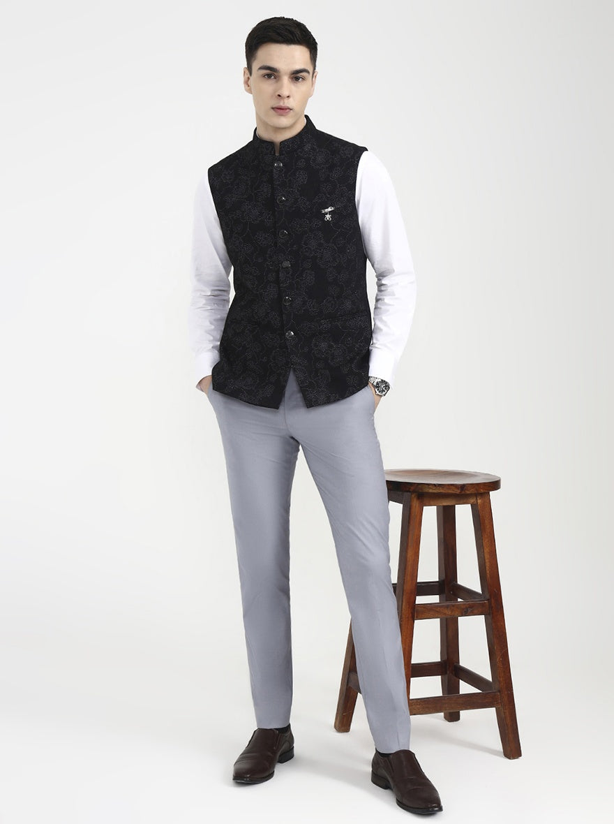 Black Printed Regular Fit Waistcoat | Wyre