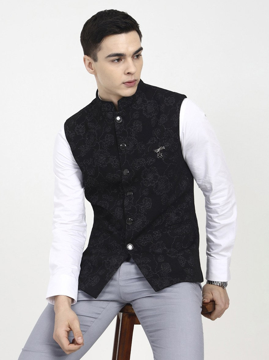 Black Printed Regular Fit Waistcoat | Wyre