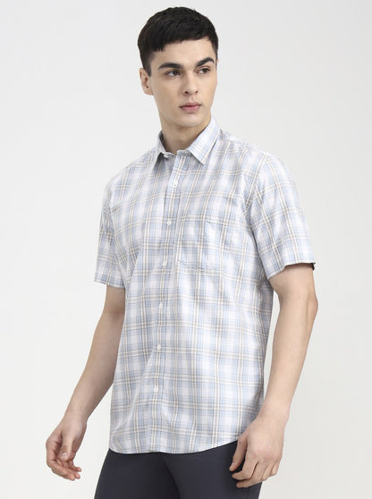 Blue Checked Tailored Fit Semi Casual Shirt | JadeBlue