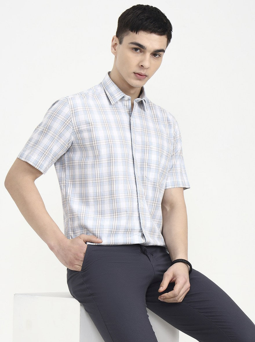Blue Checked Tailored Fit Semi Casual Shirt | JadeBlue