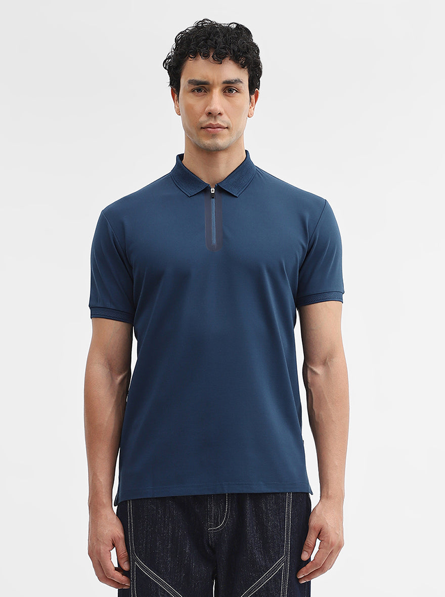 Petrol Blue Solid Slim Fit Polo T-Shirt | JadeBlue