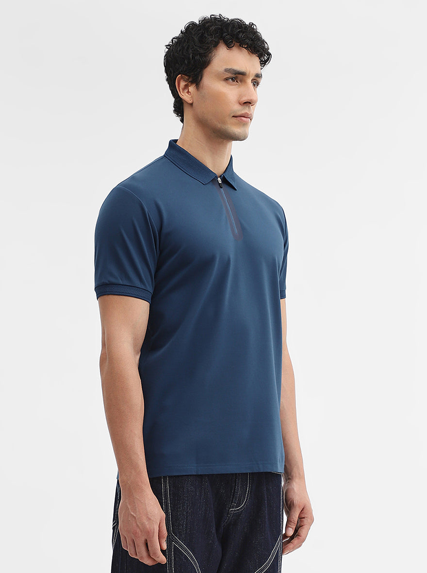 Petrol Blue Solid Slim Fit Polo T-Shirt | JadeBlue
