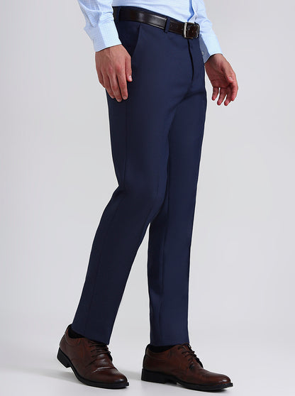 Navy Blue Printed Slim Fit Formal Trouser | Greenfibre
