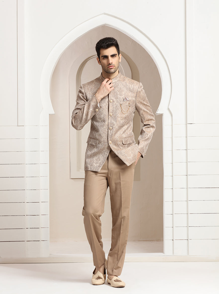 Peach Self Design Jodhpuri Suit | JadeBlue