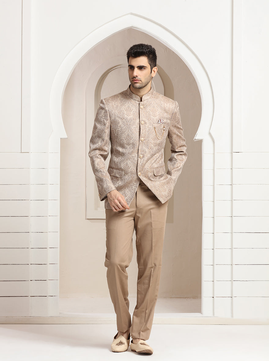 Peach Self Design Jodhpuri Suit | JadeBlue