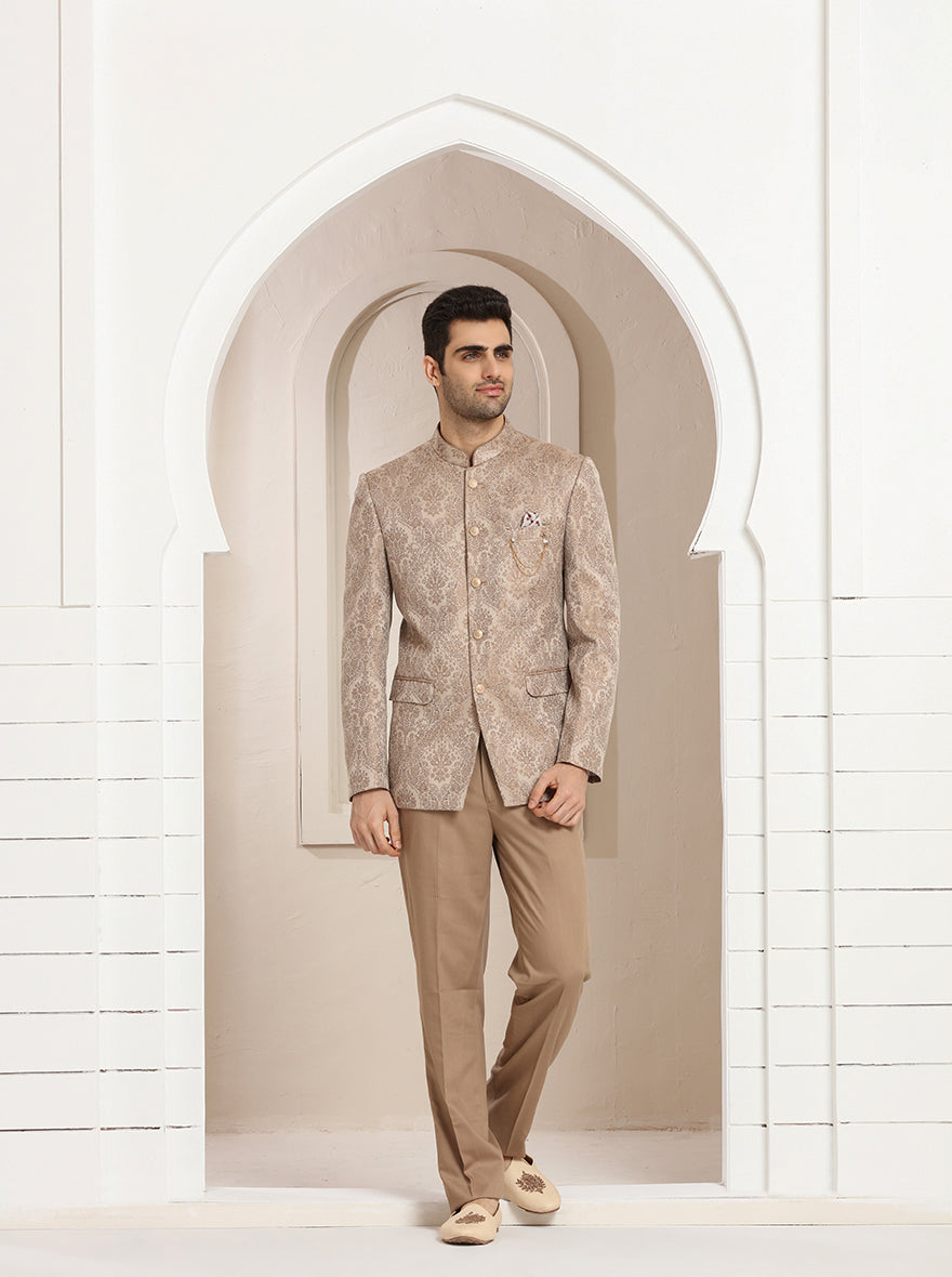 Peach Self Design Jodhpuri Suit | JadeBlue
