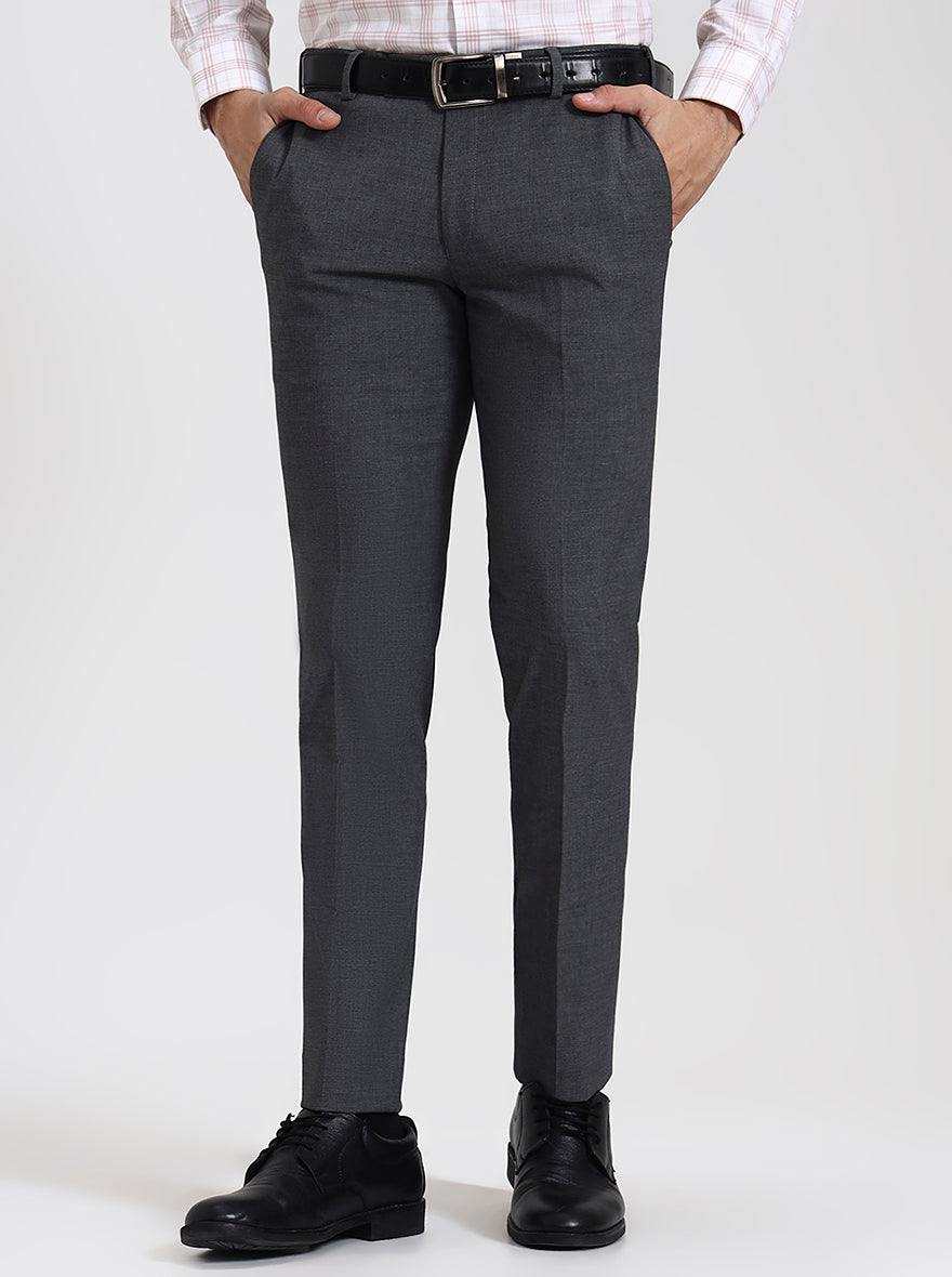 Dark Grey Solid Super Slim Fit Formal Trouser | JadeBlue Youth