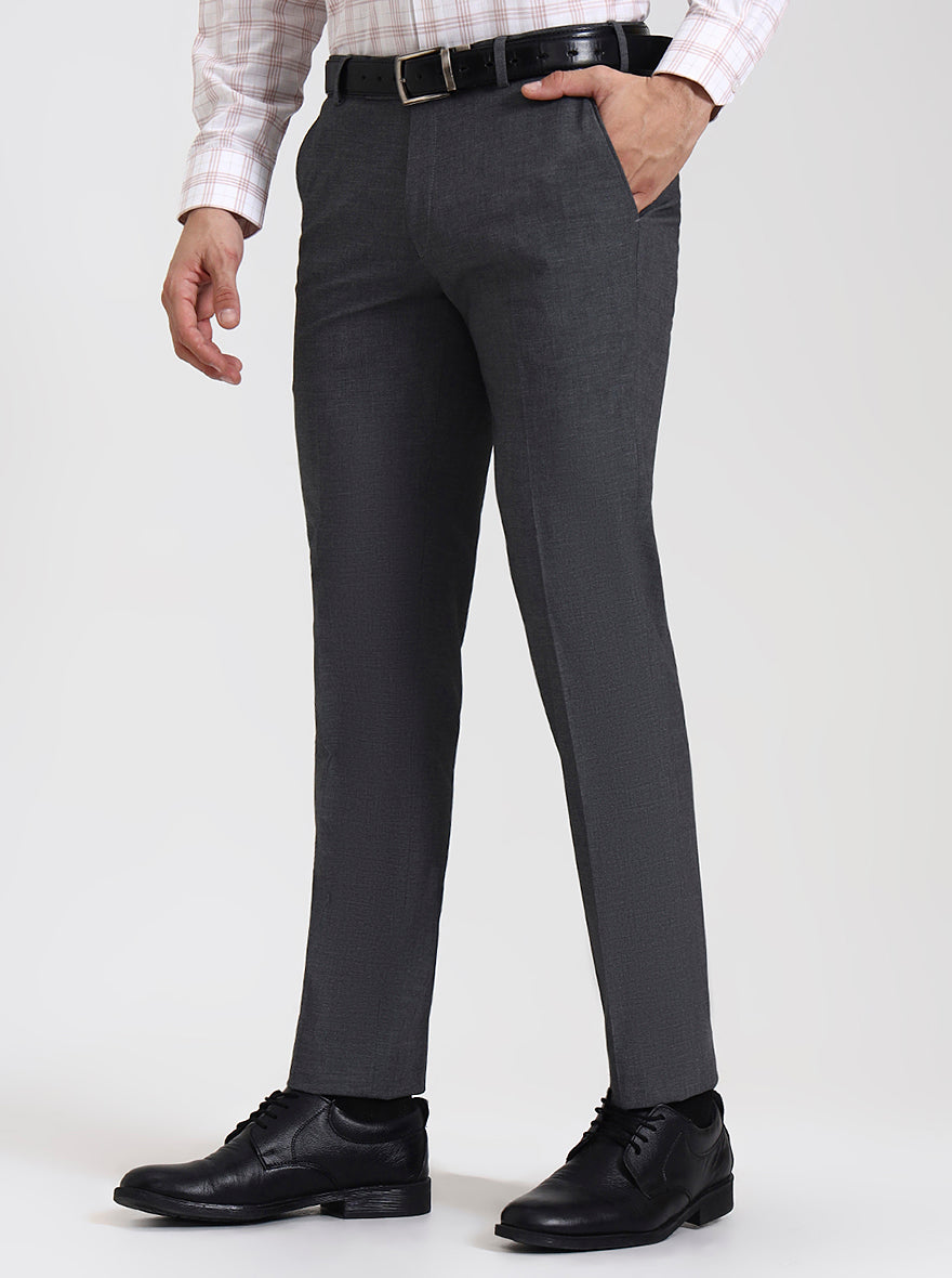 Dark Grey Solid Super Slim Fit Formal Trouser | JadeBlue Youth