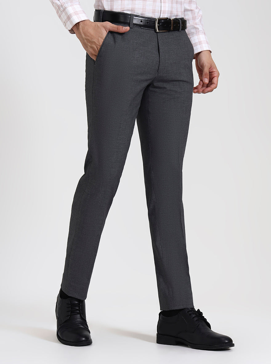 Dark Grey Solid Super Slim Fit Formal Trouser | JadeBlue Youth