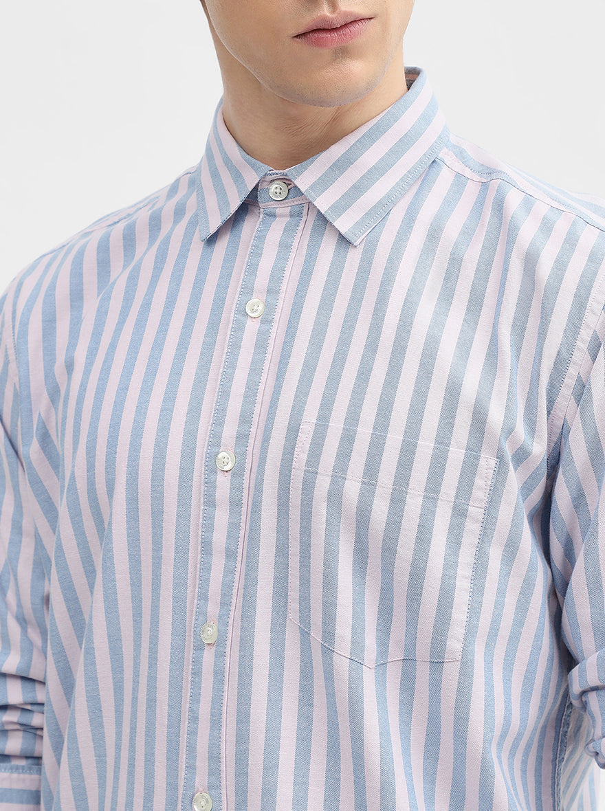 Blue & White Striped Slim Fit Casual Shirt | JadeBlue