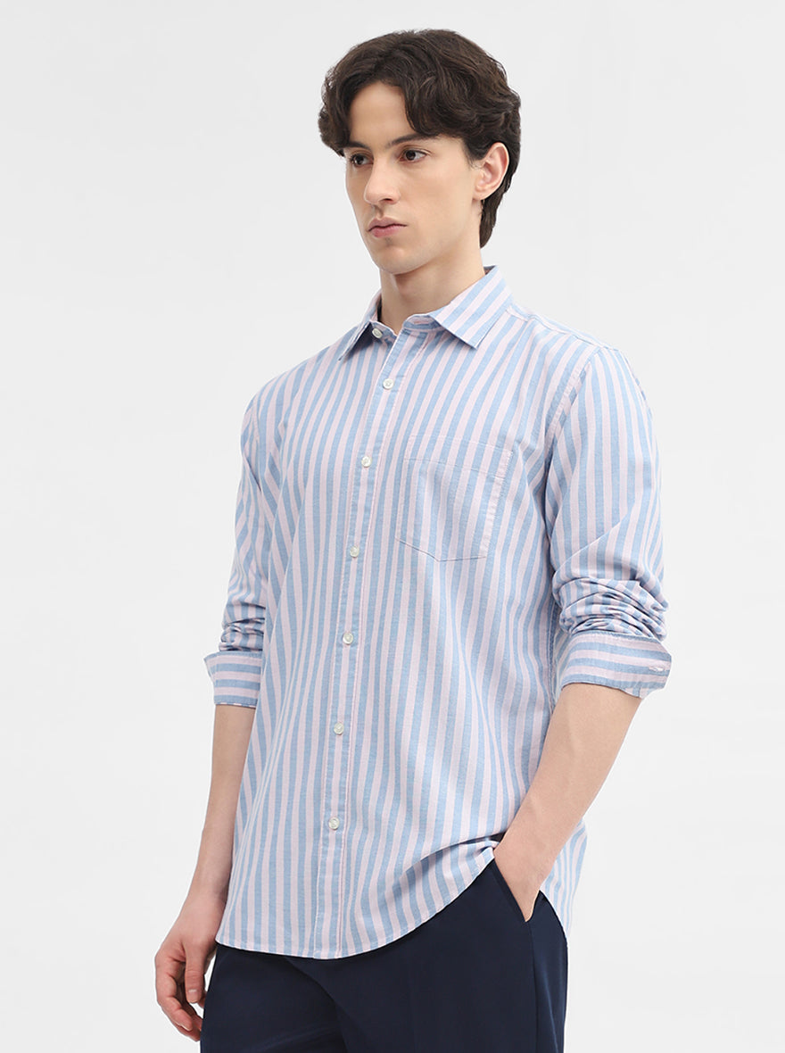 Blue & White Striped Slim Fit Casual Shirt | JadeBlue