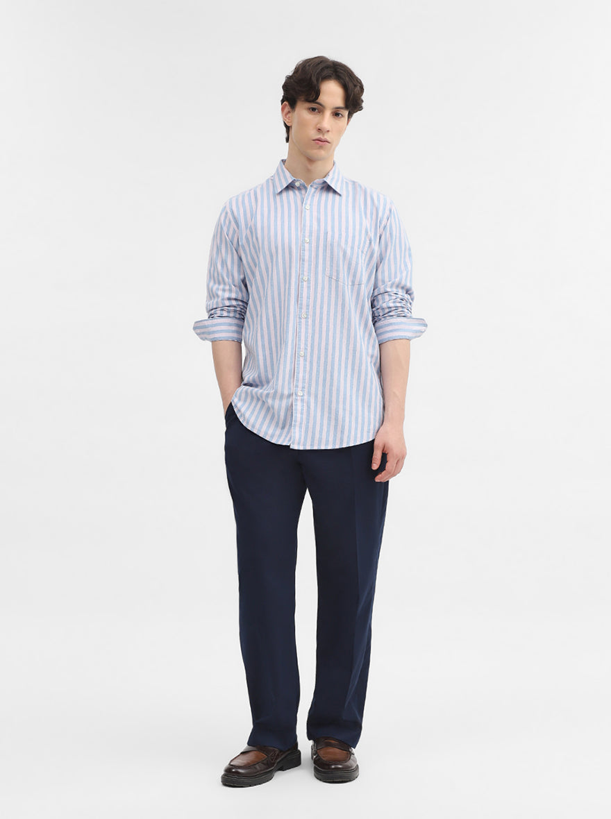 Blue & White Striped Slim Fit Casual Shirt | JadeBlue