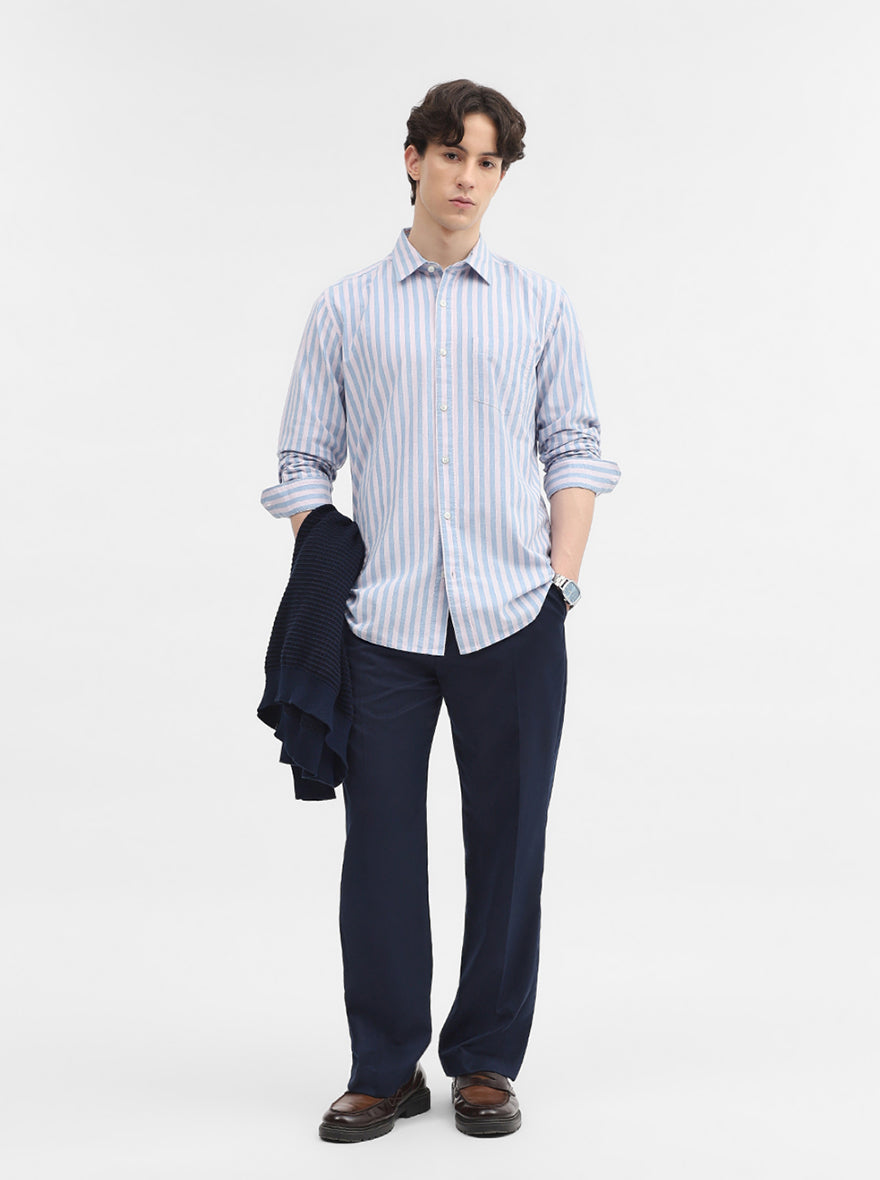 Blue & White Striped Slim Fit Casual Shirt | JadeBlue