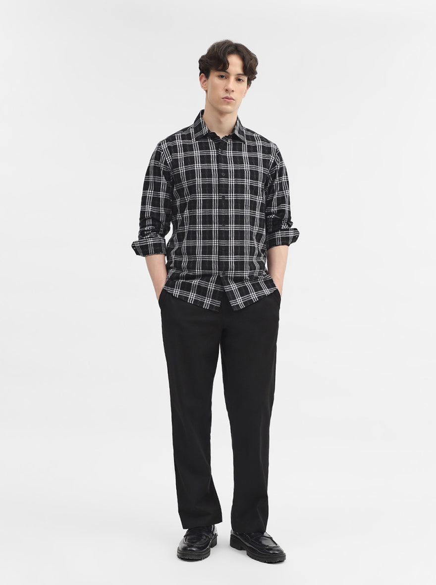 Black Checked Slim Fit Casual Shirt | Greenfibre