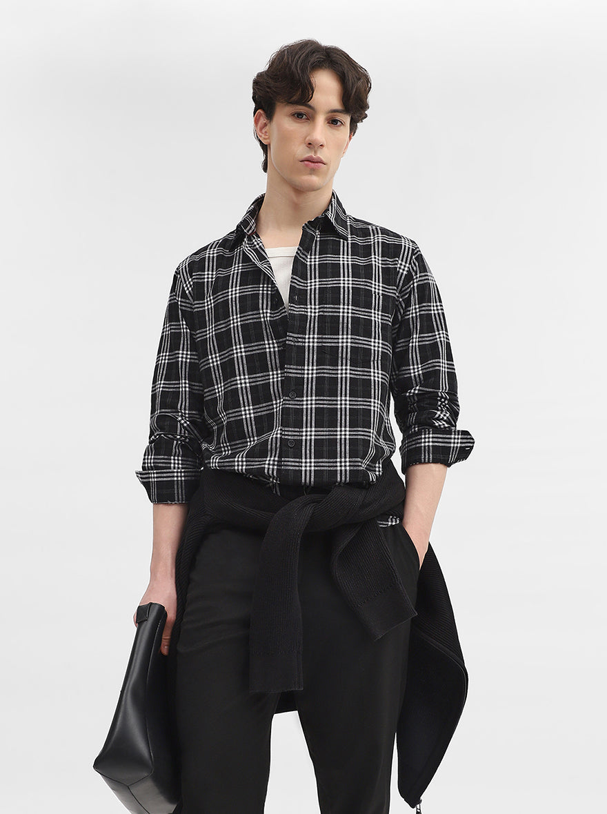 Black Checked Slim Fit Casual Shirt | Greenfibre