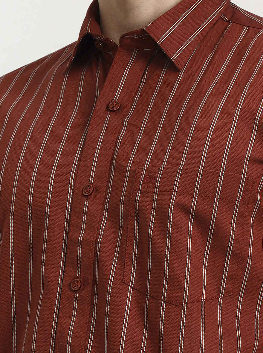 Red Striped Tailored Fit Semi Casual Shirt | JadeBlue