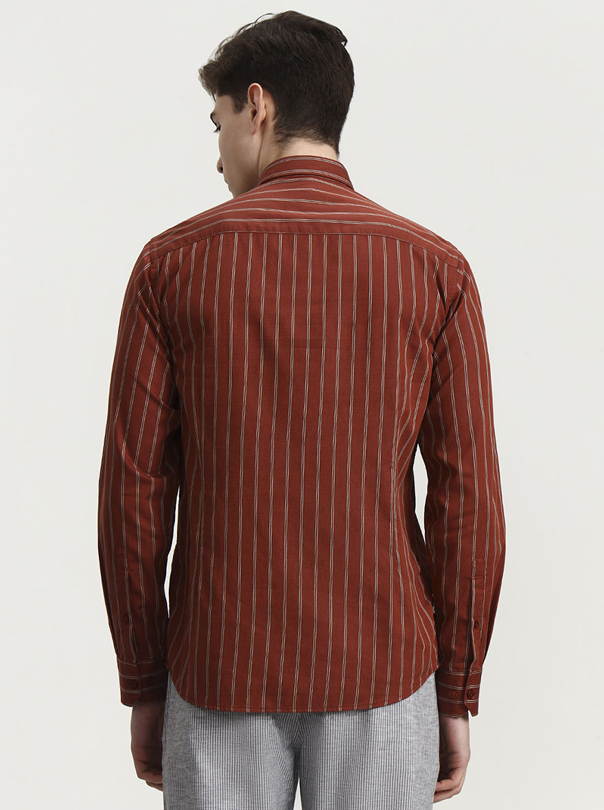 Red Striped Tailored Fit Semi Casual Shirt | JadeBlue