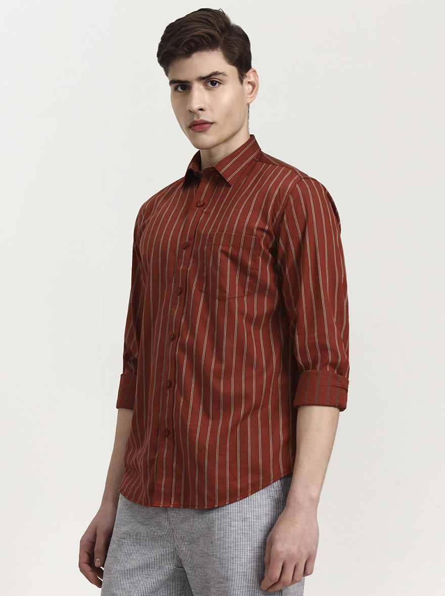 Red Striped Tailored Fit Semi Casual Shirt | JadeBlue