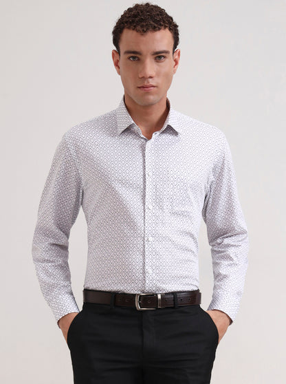 White & Grey Printed Regular Fit Formal Shirt | JadeBlue