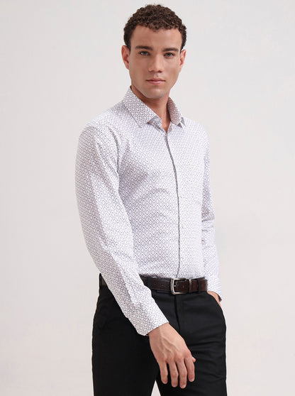 White & Grey Printed Regular Fit Formal Shirt | JadeBlue