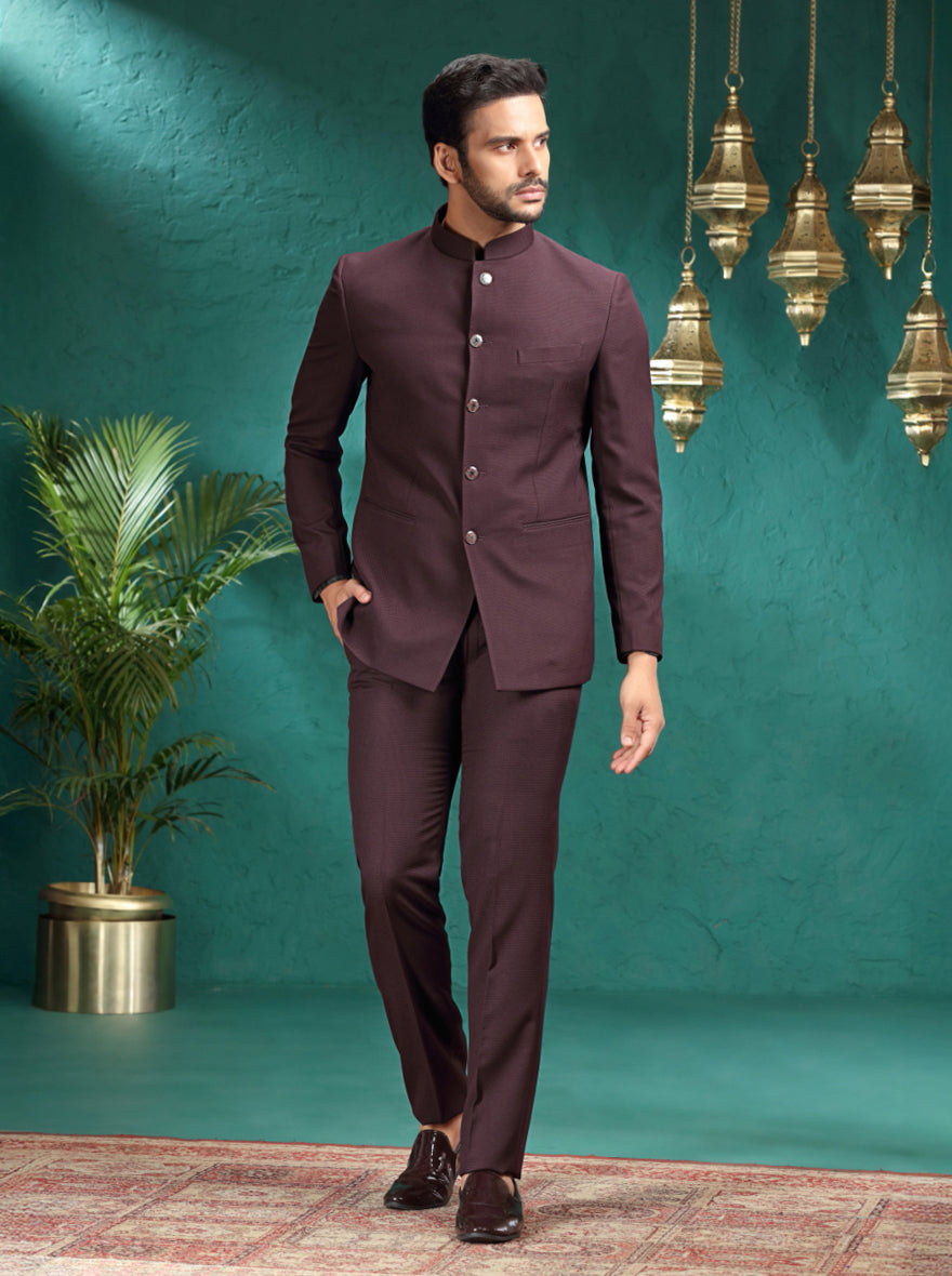 Brown Self Design Jodhpuri Suit | JadeBlue