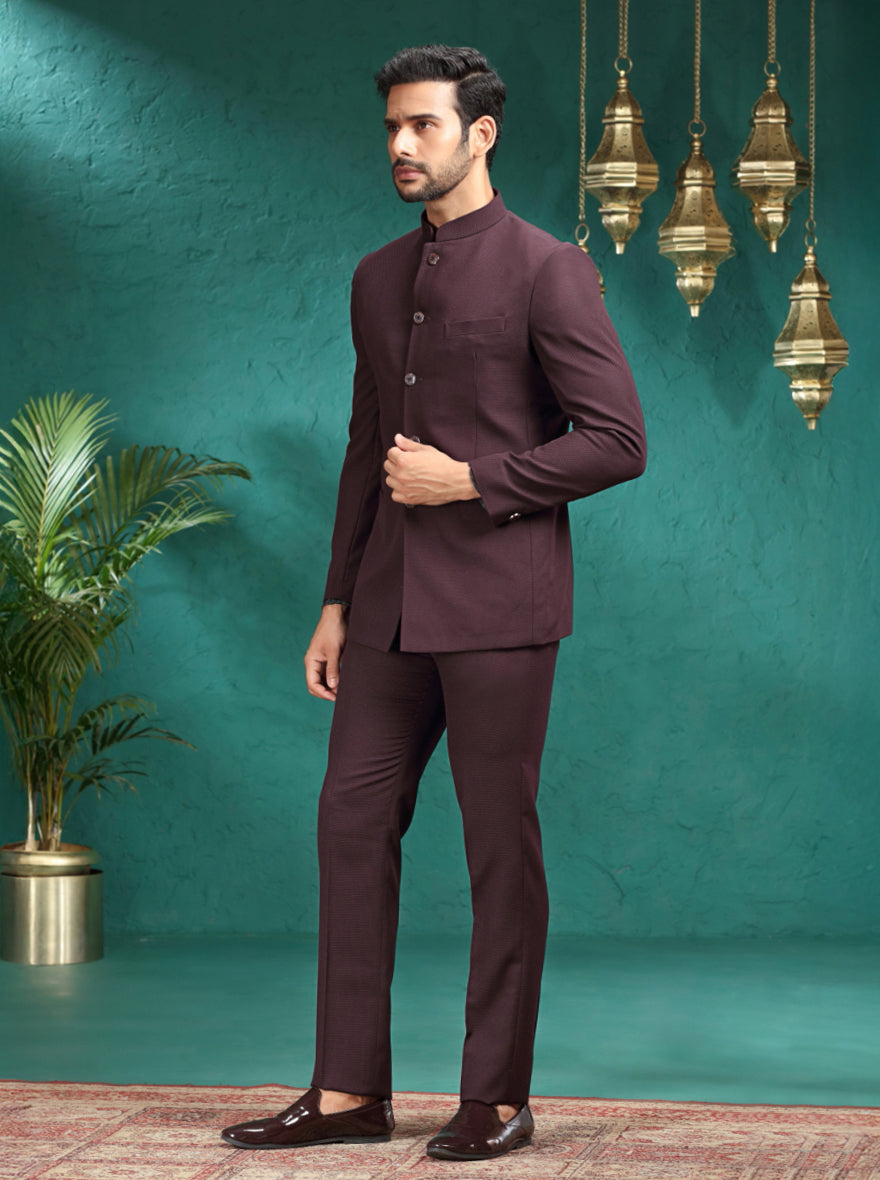 Brown Self Design Jodhpuri Suit | JadeBlue