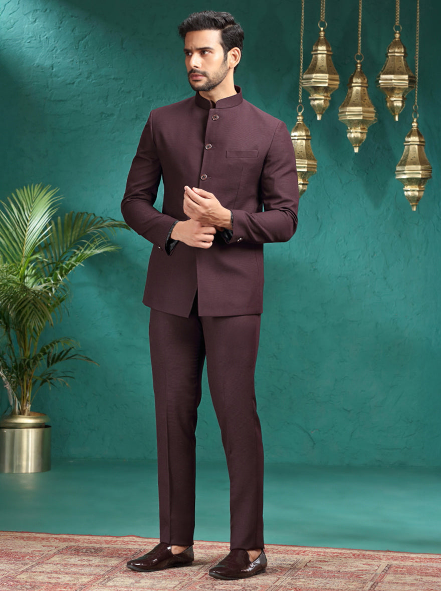 Brown Self Design Jodhpuri Suit | JadeBlue