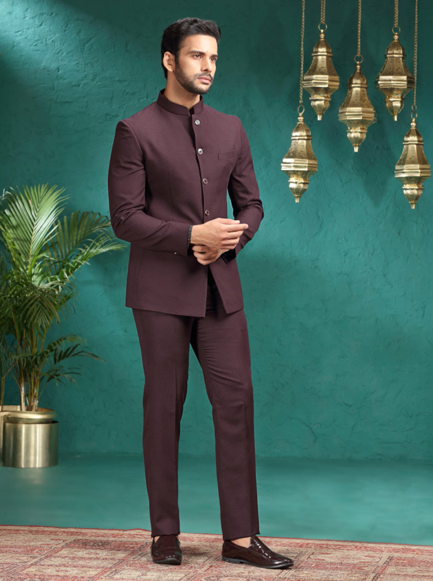 Brown Self Design Jodhpuri Suit | JadeBlue