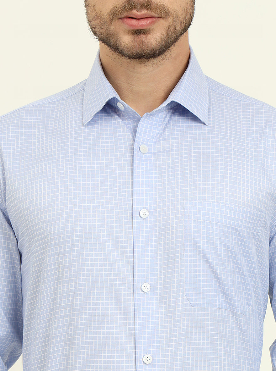 Light Blue & White Checked Regular Fit Formal Shirt | JadeBlue