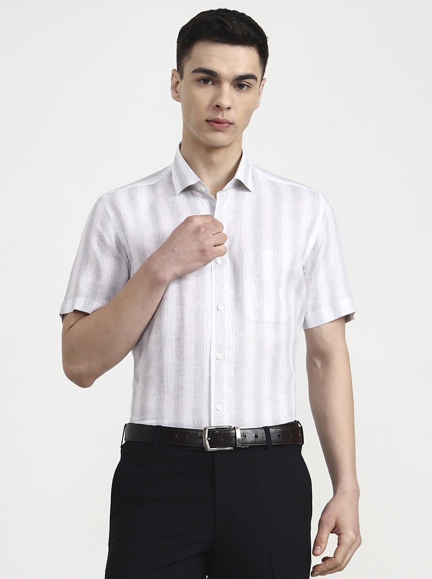 White & Grey Striped Slim Fit Formal Shirt | JadeBlue