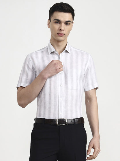 White & Grey Striped Slim Fit Formal Shirt | JadeBlue