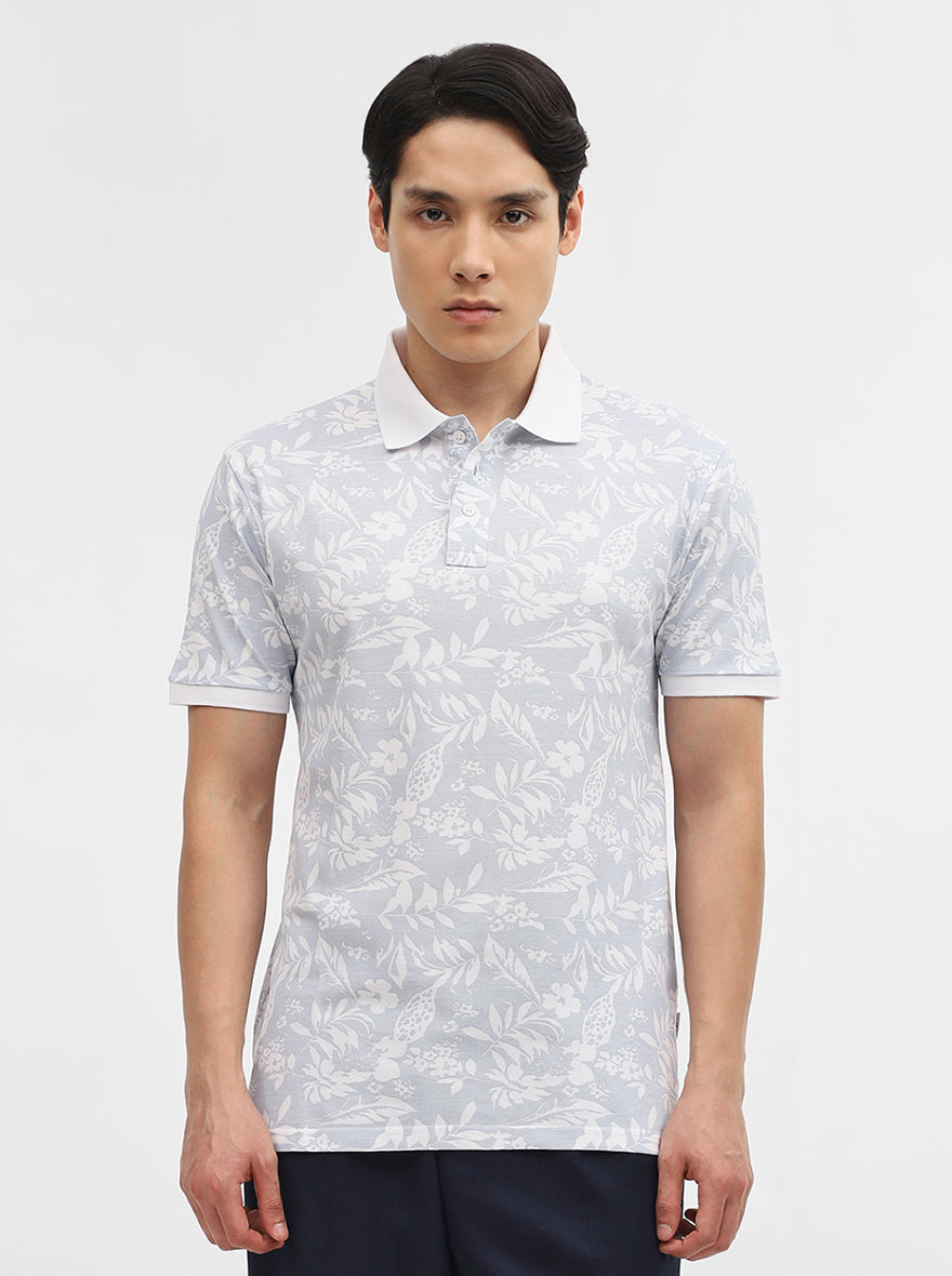 Sky Blue Printed Slim Fit Polo T-Shirt | JadeBlue