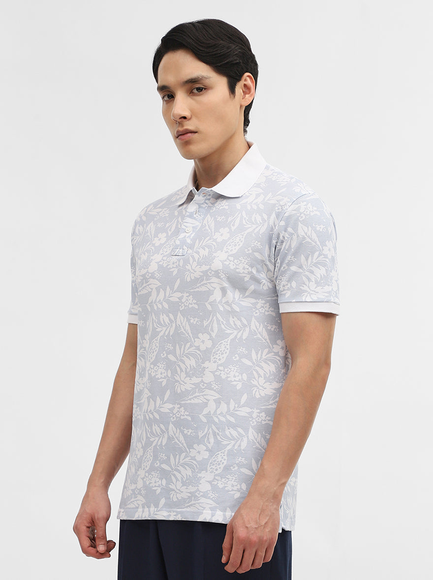 Sky Blue Printed Slim Fit Polo T-Shirt | JadeBlue