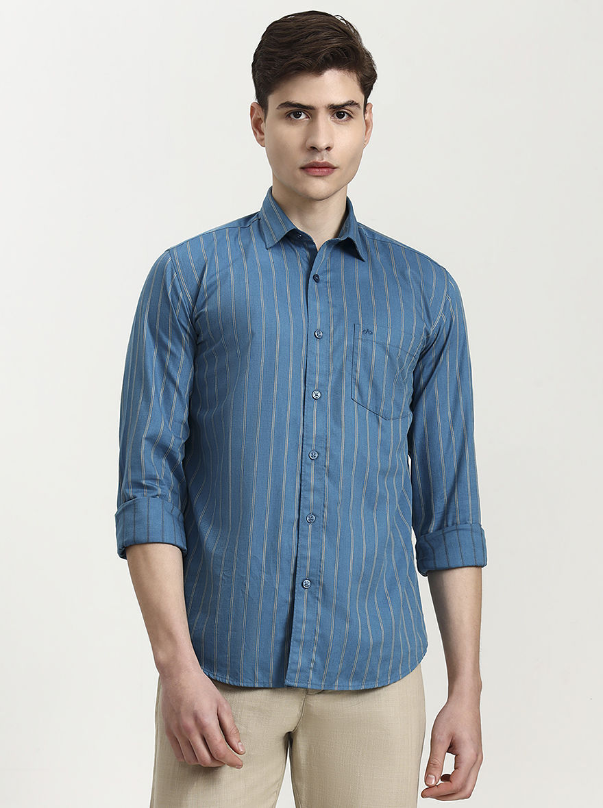 Teal Striped Tailored Fit Semi Casual Shirt | JadeBlue