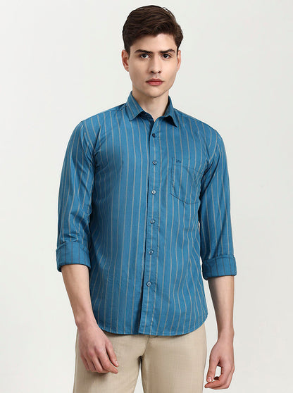 Teal Striped Tailored Fit Semi Casual Shirt | JadeBlue