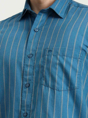 Teal Striped Tailored Fit Semi Casual Shirt | JadeBlue
