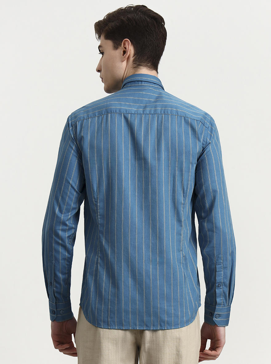 Teal Striped Tailored Fit Semi Casual Shirt | JadeBlue