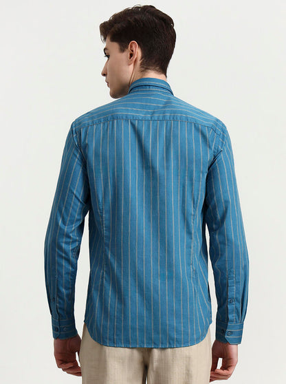 Teal Striped Tailored Fit Semi Casual Shirt | JadeBlue