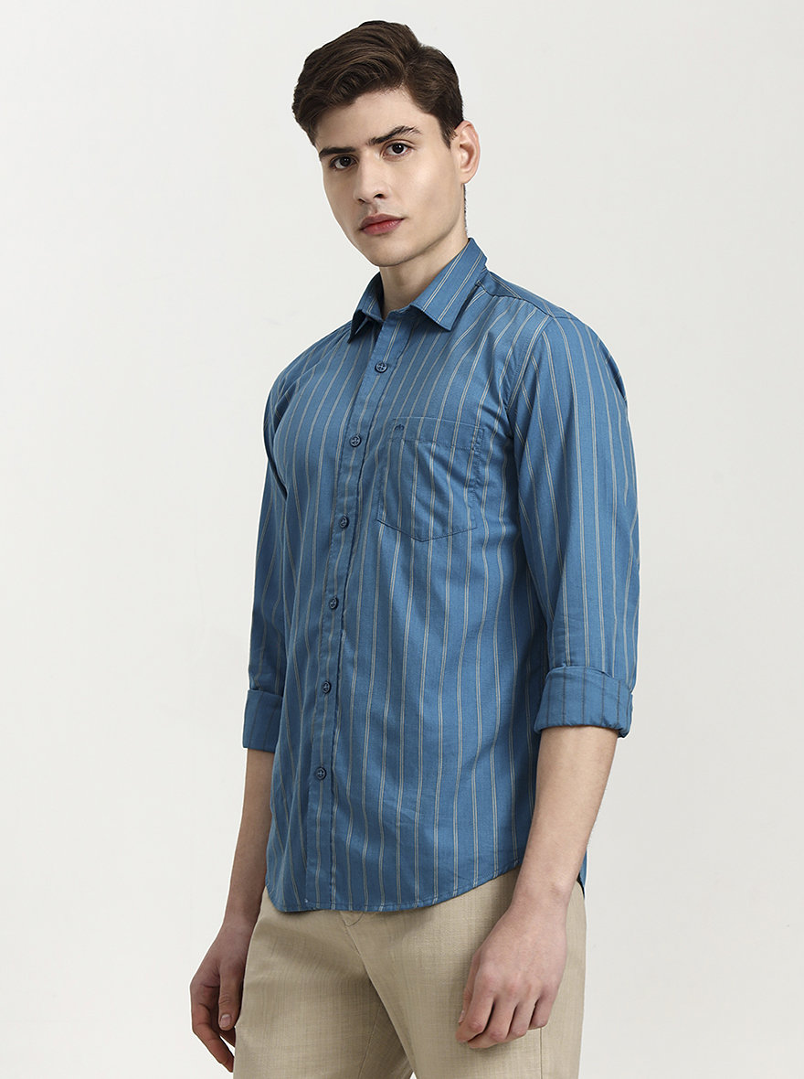 Teal Striped Tailored Fit Semi Casual Shirt | JadeBlue