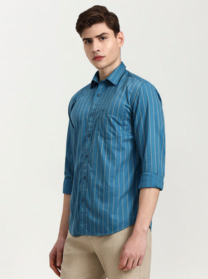 Teal Striped Tailored Fit Semi Casual Shirt | JadeBlue