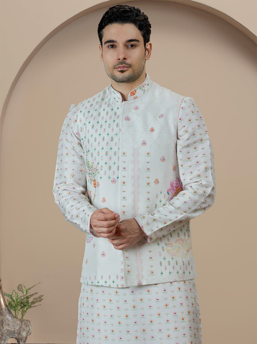 Off White Printed Kurta Pajama with Koti | TULA