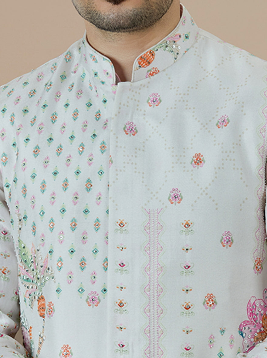 Off White Printed Kurta Pajama with Koti | TULA