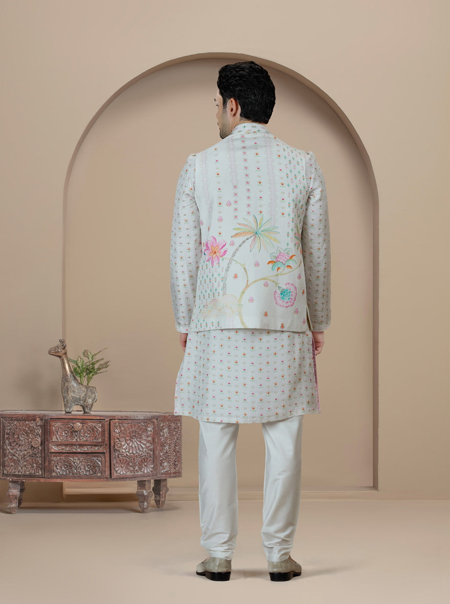 Off White Printed Kurta Pajama with Koti | TULA