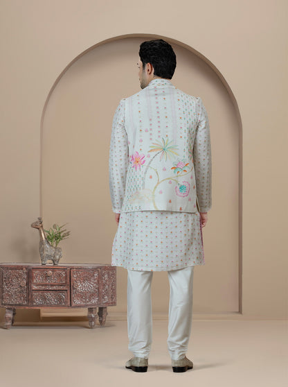 Off White Printed Kurta Pajama with Koti | TULA