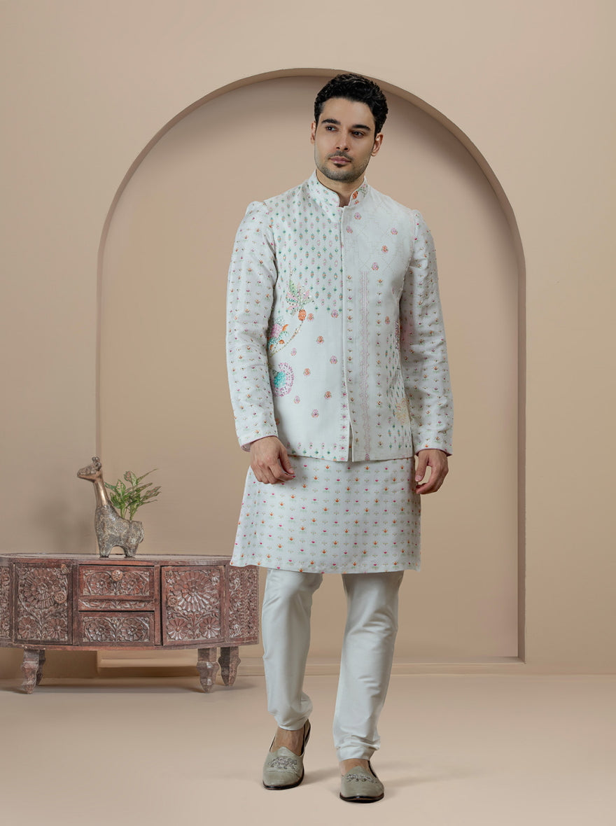 Off White Printed Kurta Pajama with Koti | TULA
