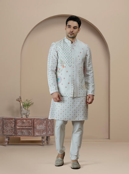 Off White Printed Kurta Pajama with Koti | TULA
