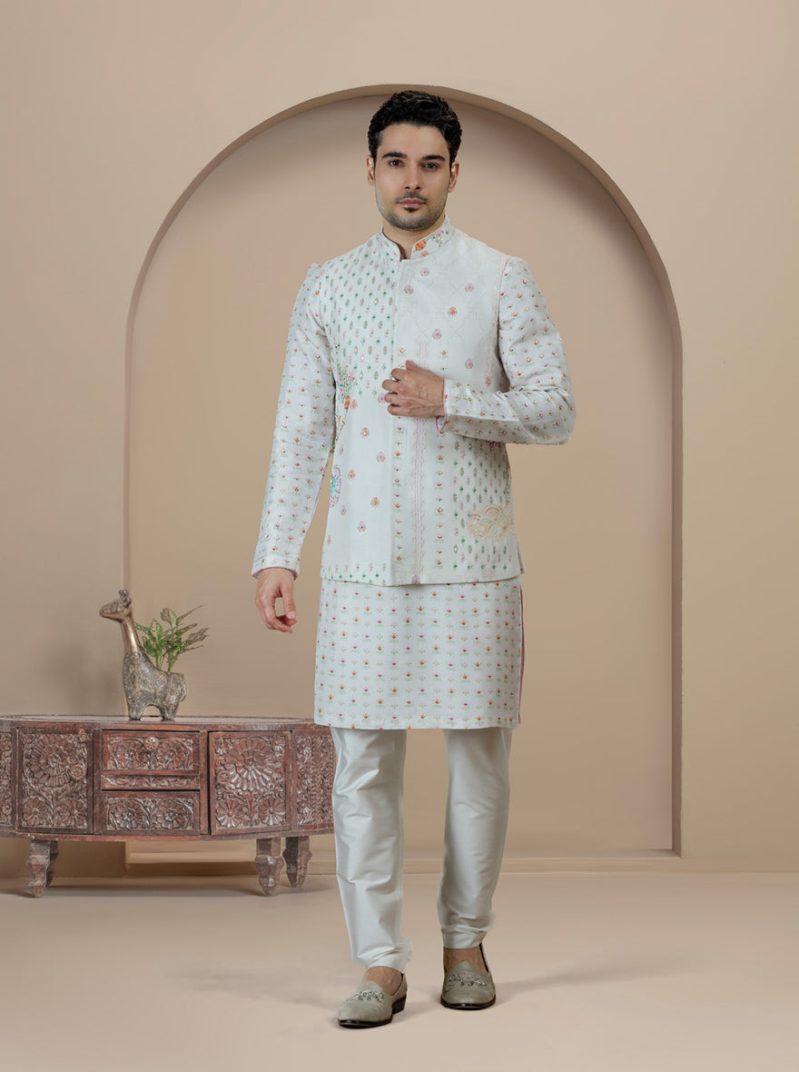 Off White Printed Kurta Pajama with Koti | TULA